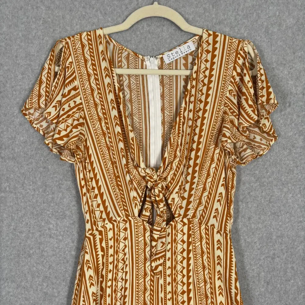 Stella Jumpsuit Medium Mustard Crop Tie Front Flowy Gauze Crinkle Boho Ikat Vaca